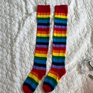 Rainbow, knee-high, footed women’s socks